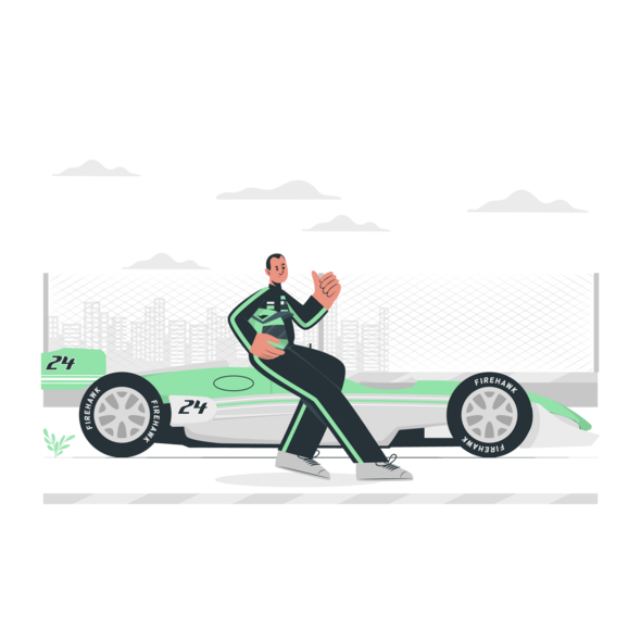 graphic of a racer in front of his race car